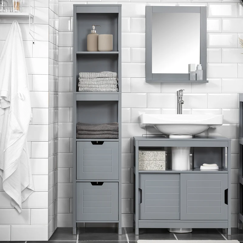 SoBuy FRG126-SG Armario alto de Baño con 3 Estantes y 2 cajones Gris
