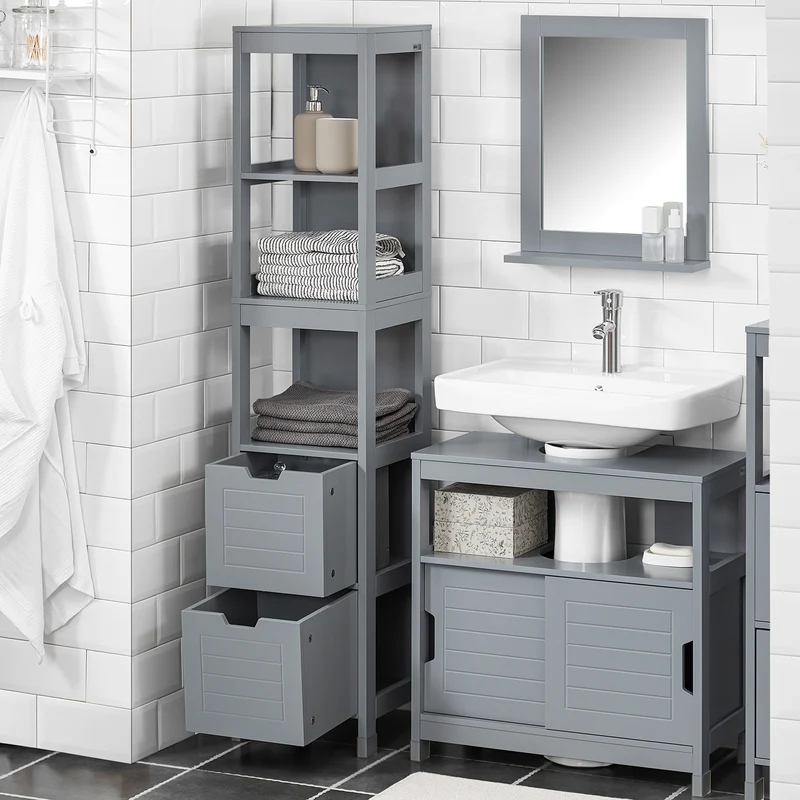SoBuy FRG126-SG Armario alto de Baño con 3 Estantes y 2 cajones Gris