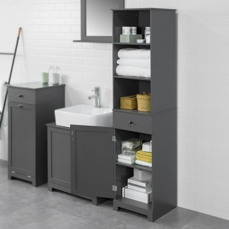 SoBuy BZR17-DG Mueble Columna de Baño con 1 Puerta y 3 Estantes y 1 cajón Gris