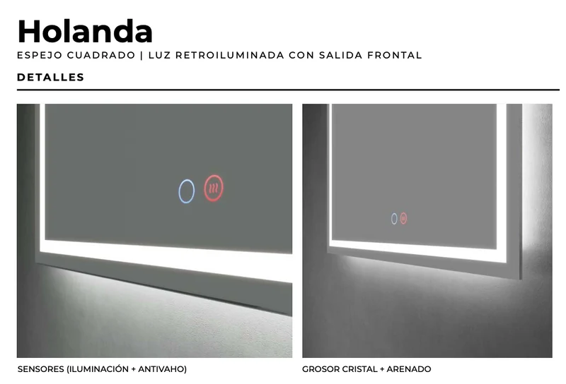 Espejo Baño Cuadrado LED Luz Frontal Holanda - Ledimex | Antivaho 6.500K
