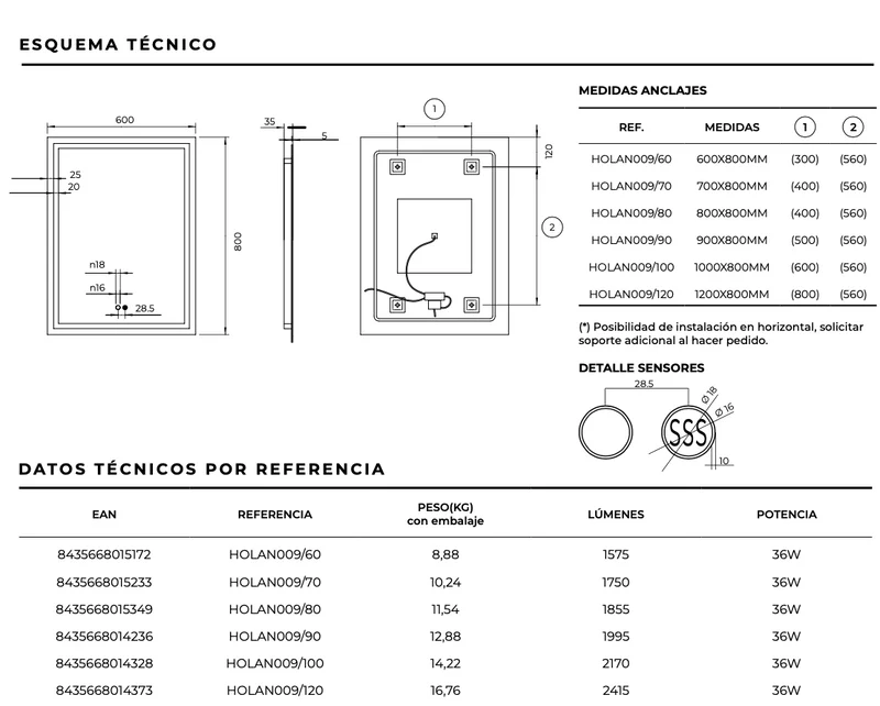 Espejo Baño Cuadrado LED Luz Frontal Holanda - Ledimex | Antivaho 6.500K