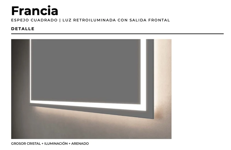 Espejo Baño Cuadrado LED Luz Frontal Francia - Ledimex | 6.500K Sin Marco