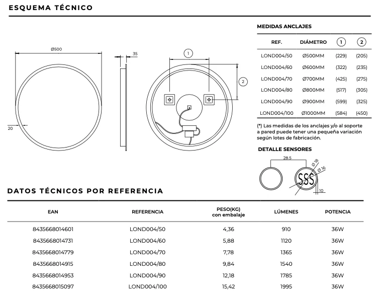 Espejo Baño Redondo LED Luz Frontal Londres - Ledimex | Antivaho 6.500K