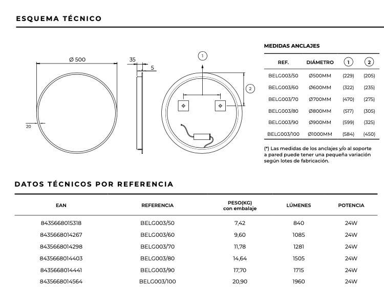 Espejo Baño Redondo LED Luz Frontal Bélgica - Ledimex | 6.500K Sin Marco