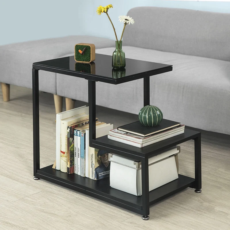 SoBuy FBT65-SCH Mesa Auxiliar con 3 estantes Negro