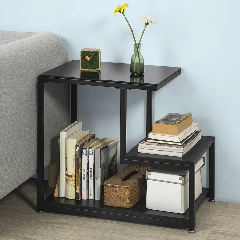 SoBuy FBT65-SCH Mesa Auxiliar con 3 estantes Negro