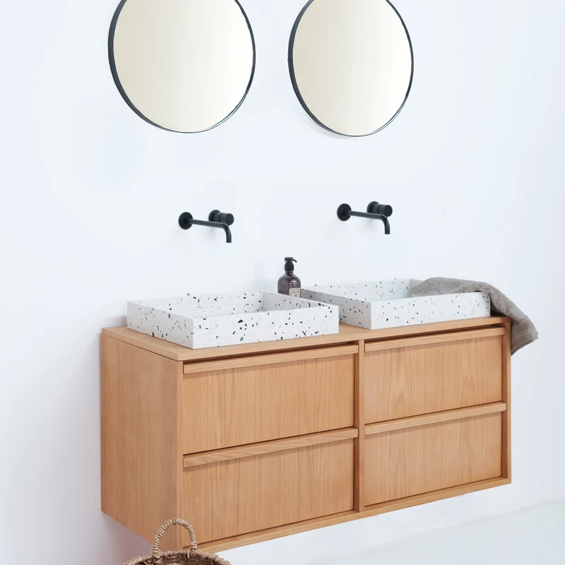 Mueble de baño escandinavo Roble Fien - Terrazo blanco - placa superior de madera - 120 cm