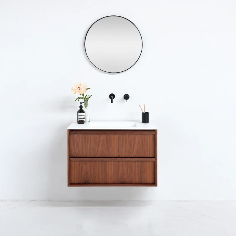 Conjunto de baño nogal Fien - 80 cm - Lavabo de solid Surface
