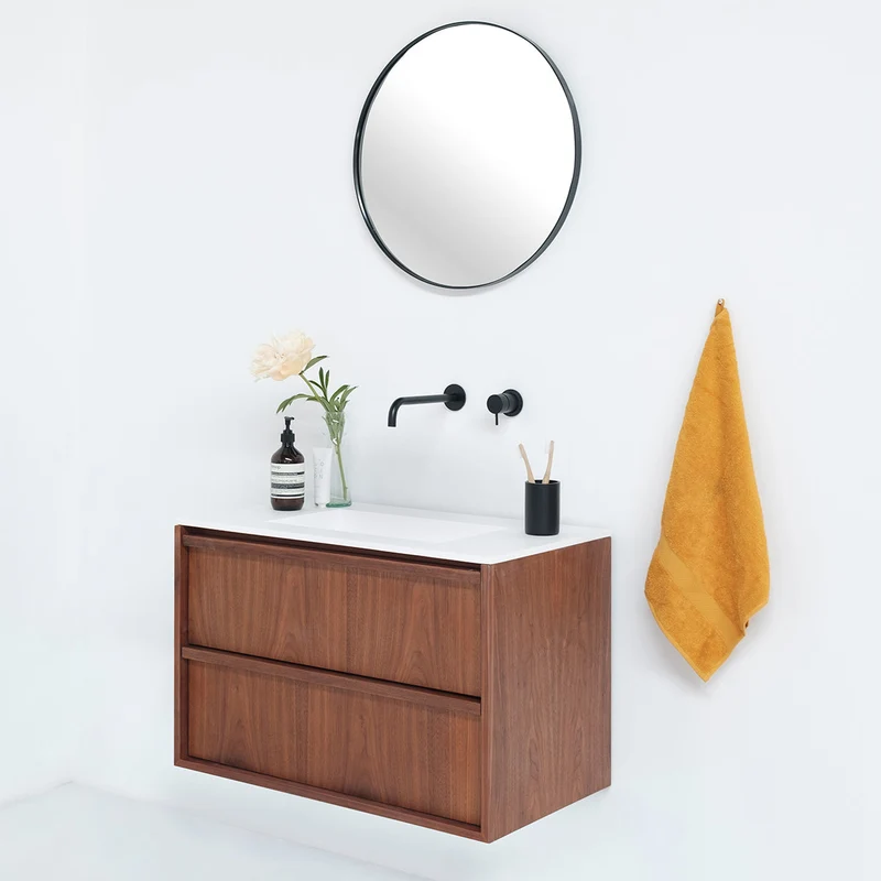 Conjunto de baño nogal Fien - 80 cm - Lavabo de solid Surface