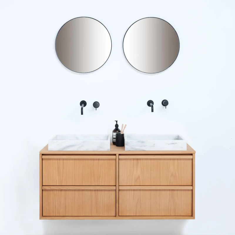 Mueble de baño Fien - Mármol blanco - Placa superior de madera - 120 cm