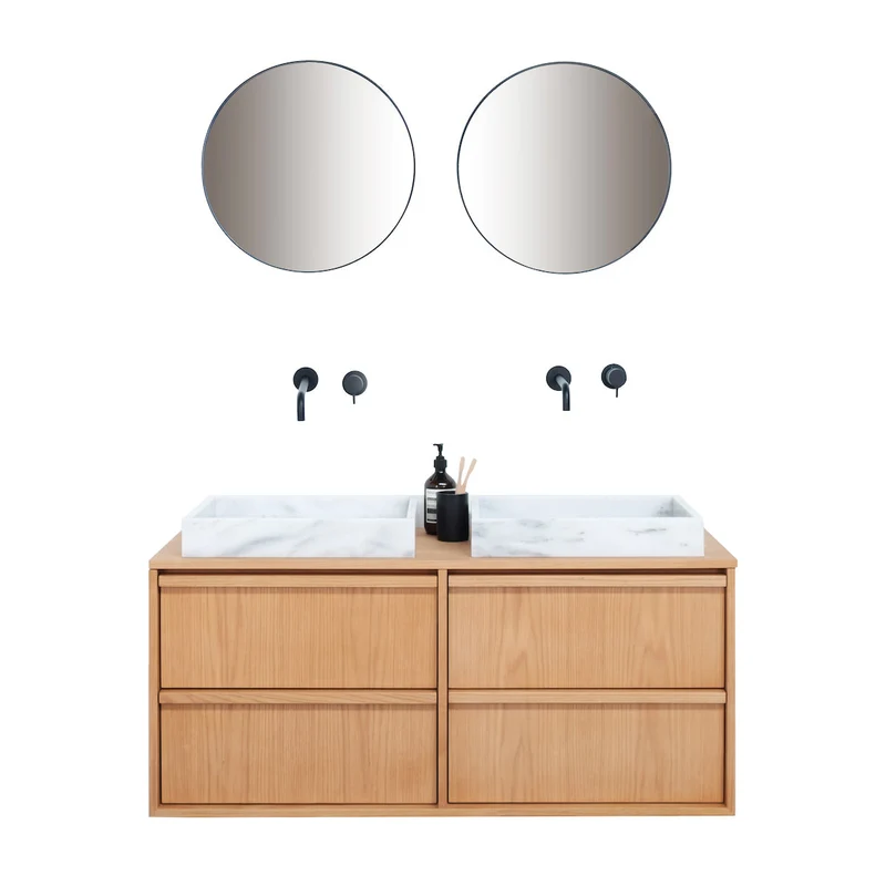 Mueble de baño Fien - Mármol blanco - Placa superior de madera - 120 cm