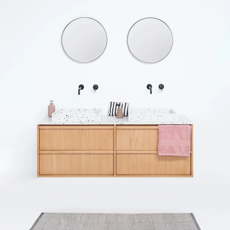 Mueble de baño Fien Roble - Lavabo y plato de terrazo - 150 cm