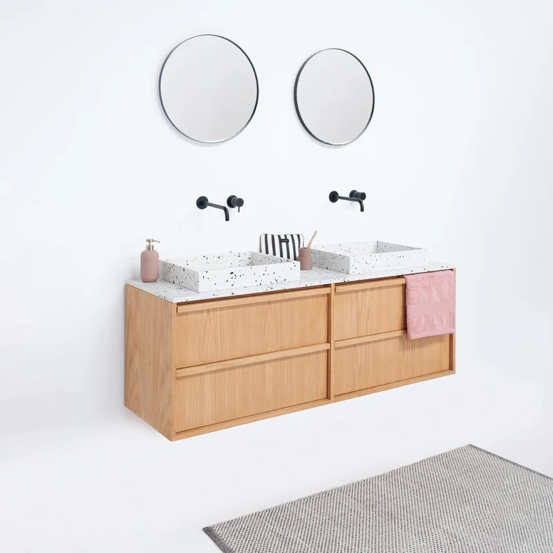 Mueble de baño Fien Roble - Lavabo y plato de terrazo - 150 cm