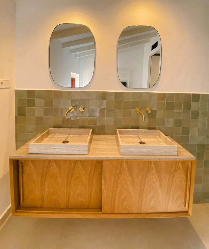 Mobiliario de baño - Mármol Beige - Lavabo Chapa George - Roble (150 cm) - Nestor