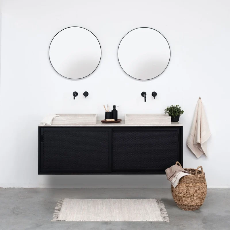 Mueble lavabo Rattan Negro - Nestor - Mármol Beige - Lavabo George I - (150 cm)