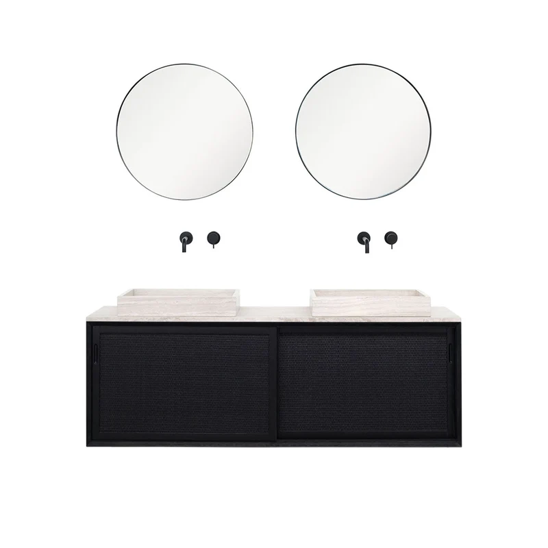 Mueble lavabo Rattan Negro - Nestor - Mármol Beige - Lavabo George I - (150 cm)