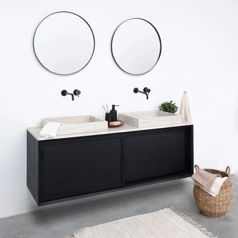 Mueble lavabo Rattan Negro - Nestor - Mármol Beige - Lavabo George I - (150 cm)
