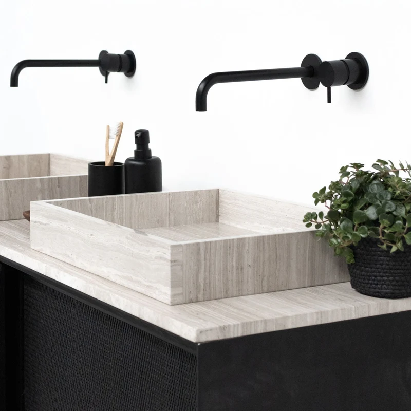 Mueble lavabo Rattan Negro - Nestor - Mármol Beige - Lavabo George I - (150 cm)