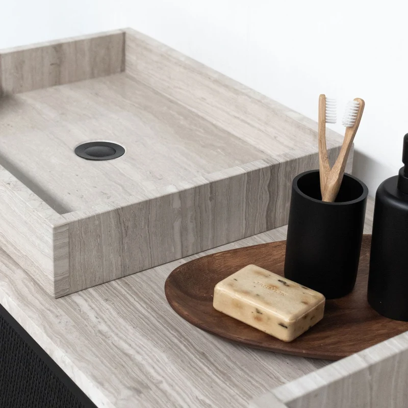 Mueble lavabo Rattan Negro - Nestor - Mármol Beige - Lavabo George I - (150 cm)