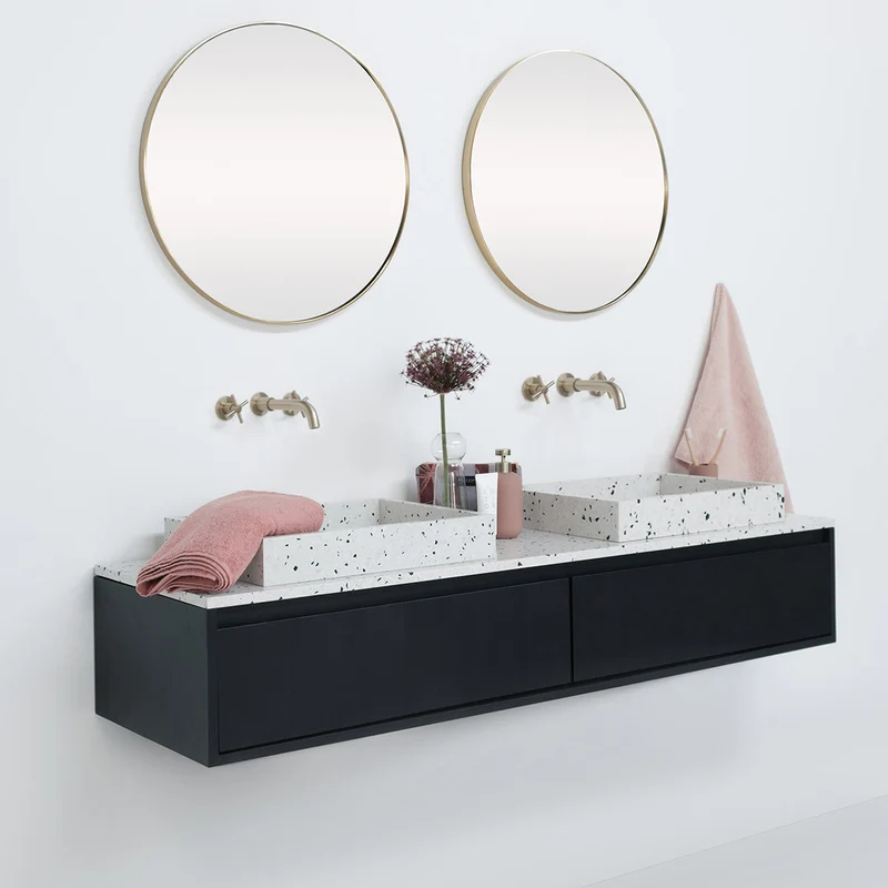 Conjunto de baño Ann mueble corto Negro - Lavabo George Terrazo - Placa superior de terrazo - 150 cm