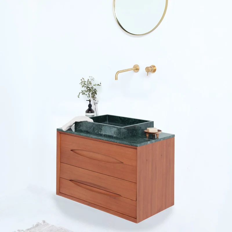 Mueble de baño de mármol verde en madera de teca - Bill - 80 cm