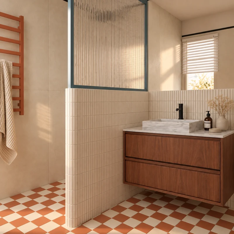 Mueble de baño vintage de mármol Fien Nogal - 80 cm - Con lavabo de superficie