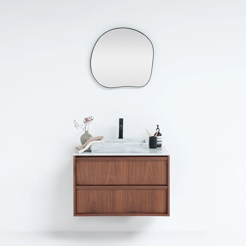 Mueble de baño vintage de mármol Fien Nogal - 80 cm - Con lavabo de superficie