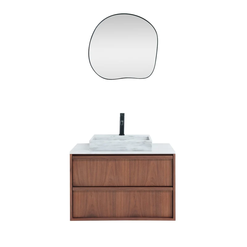 Mueble de baño vintage de mármol Fien Nogal - 80 cm - Con lavabo de superficie