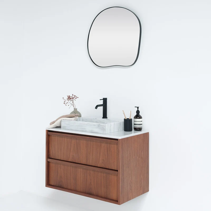 Mueble de baño vintage de mármol Fien Nogal - 80 cm - Con lavabo de superficie