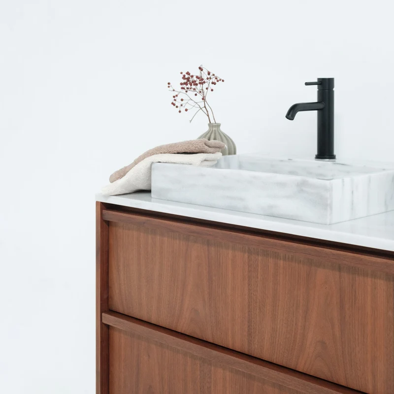 Mueble de baño vintage de mármol Fien Nogal - 80 cm - Con lavabo de superficie