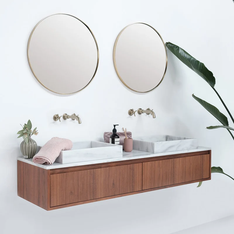 Conjunto de baño Ann mueble corto Nogal - Lavabo George mármol blanco - Placa superior de mármol blanco - 150 cm