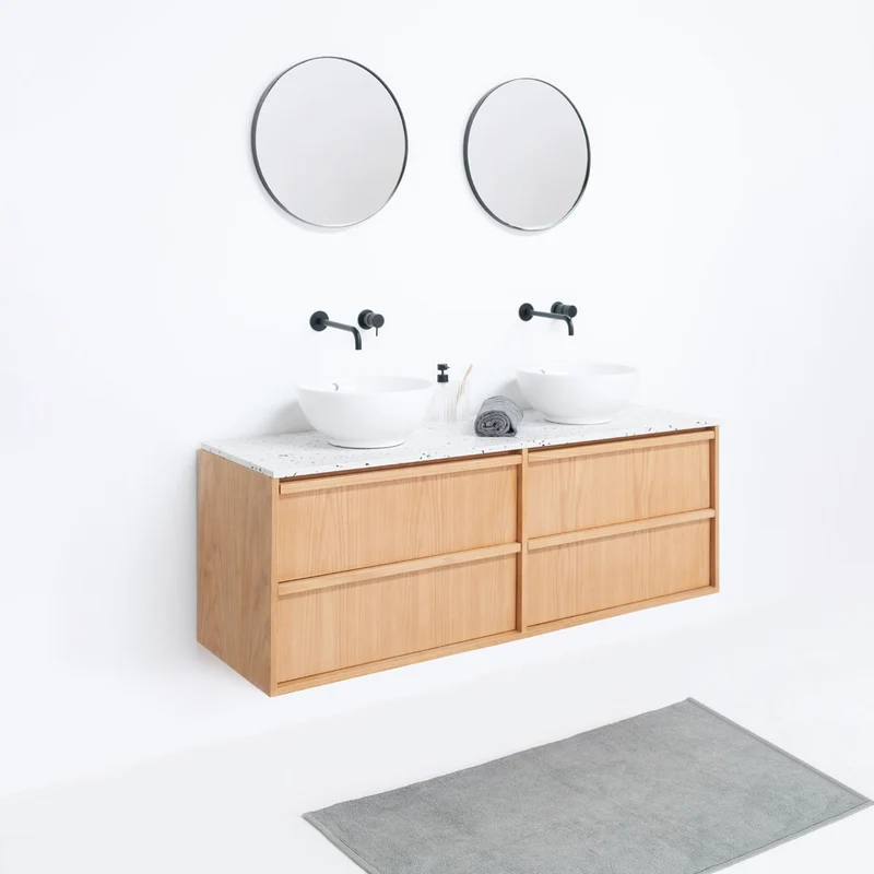Mueble de baño escandinavo de roble Fien - Lavabos Alexis I - Placa superior de terrazo blanco - 150 cm