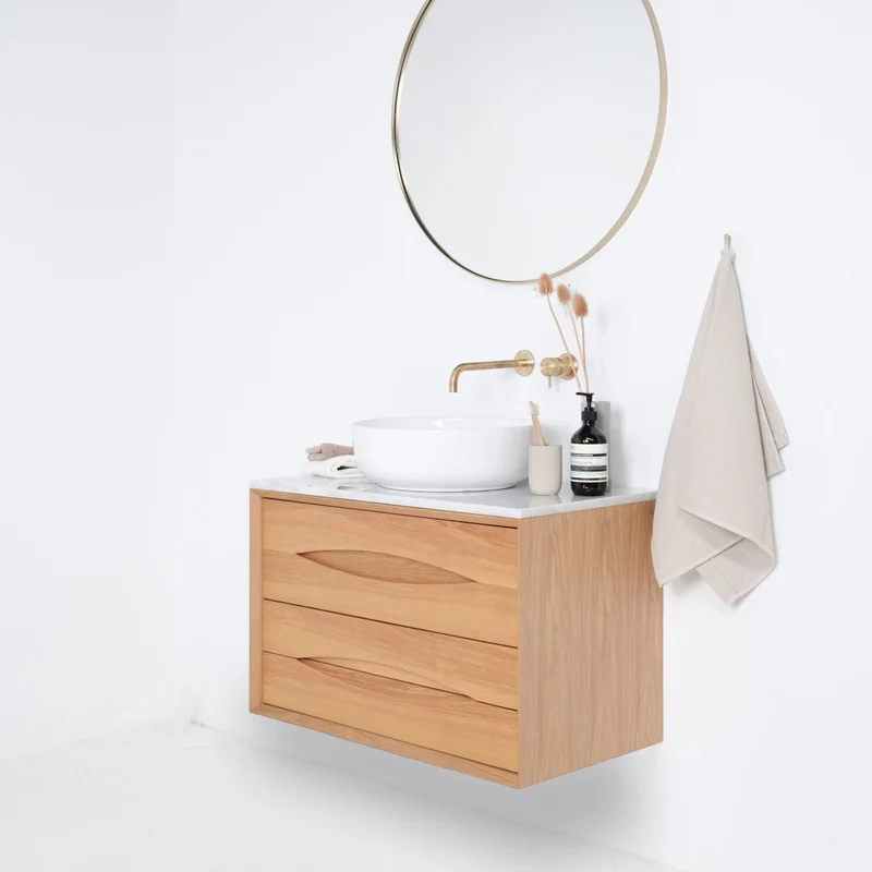 Mueble de baño Roble - Bill - Lavabo de porcelana Alexis II - Placa encimera Marcel mármol blanco - 80 cm