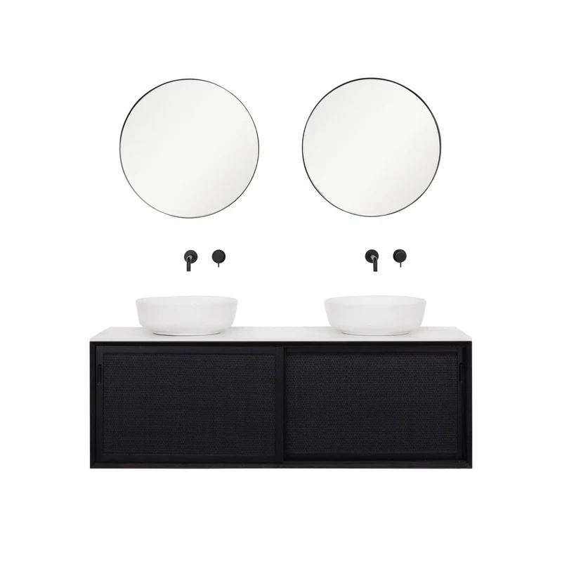 Mueble lavabo Rattan Negro - Nestor - Cerámica Blanca - Alexis II (150 cm)