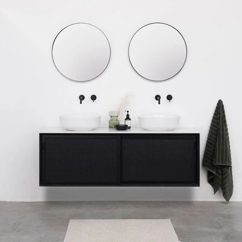 Mueble lavabo Rattan Negro - Nestor - Cerámica Blanca - Alexis II (150 cm)