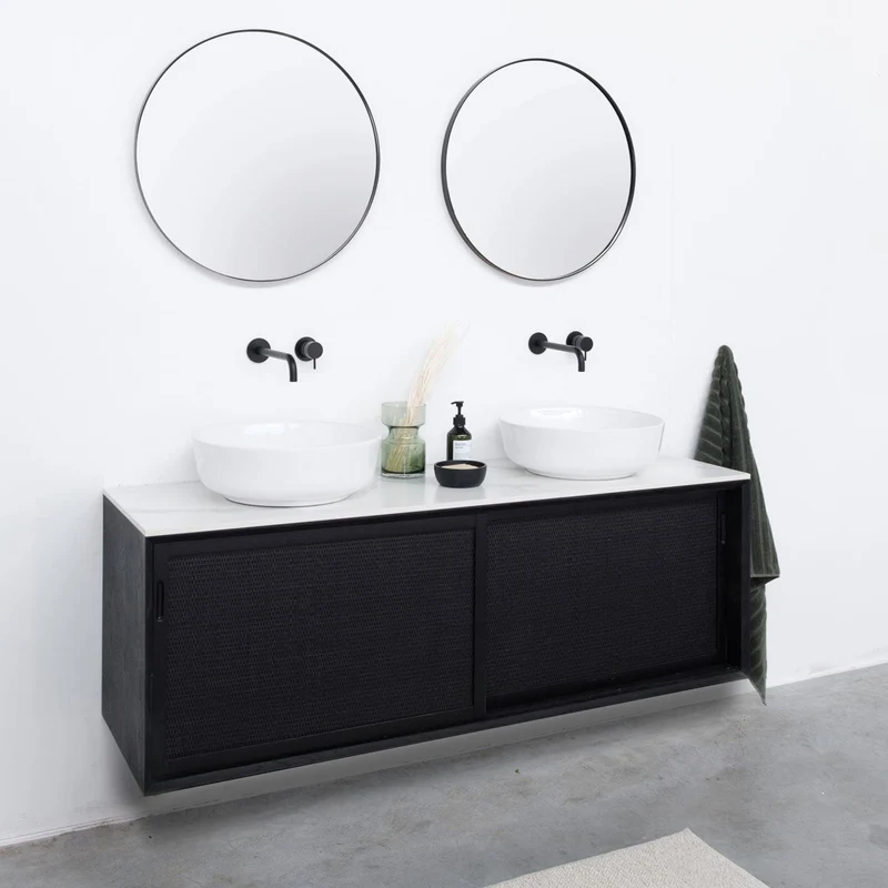 Mueble lavabo Rattan Negro - Nestor - Cerámica Blanca - Alexis II (150 cm)