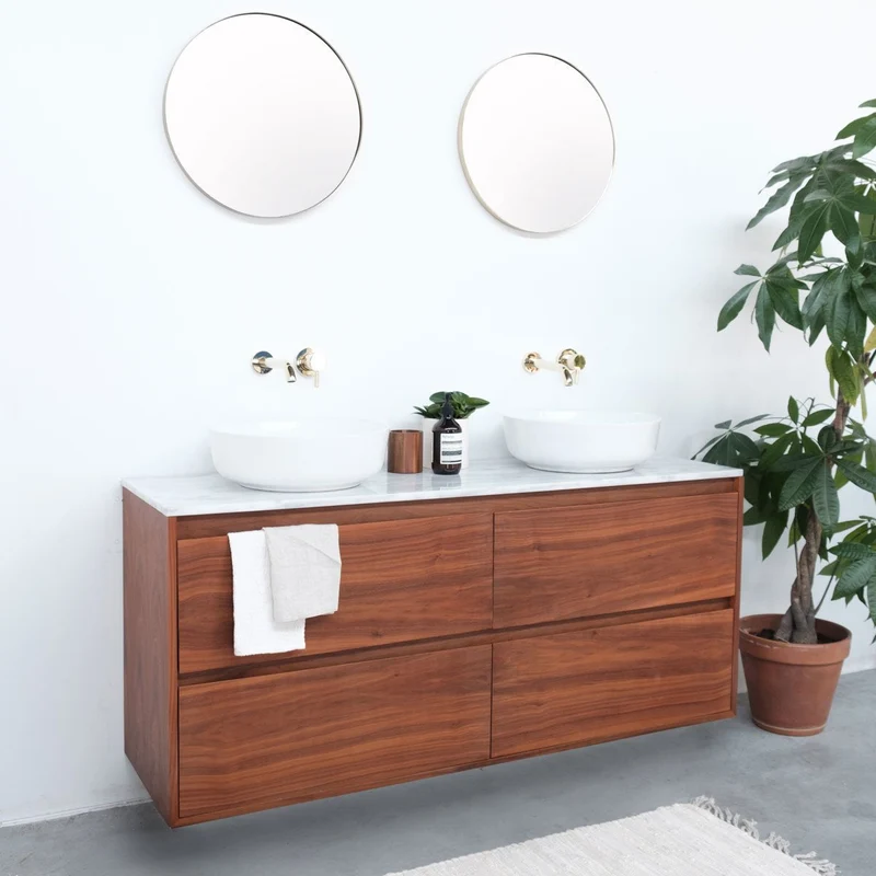 Mueble de baño Mármol Blanco Ann - Mueble Nogal - Lavabo de porcelana Alexis II (150 cm)