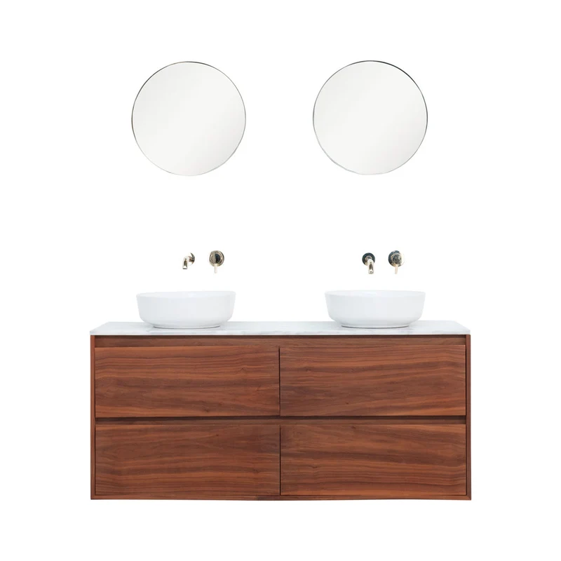 Mueble de baño Mármol Blanco Ann - Mueble Nogal - Lavabo de porcelana Alexis II (150 cm)