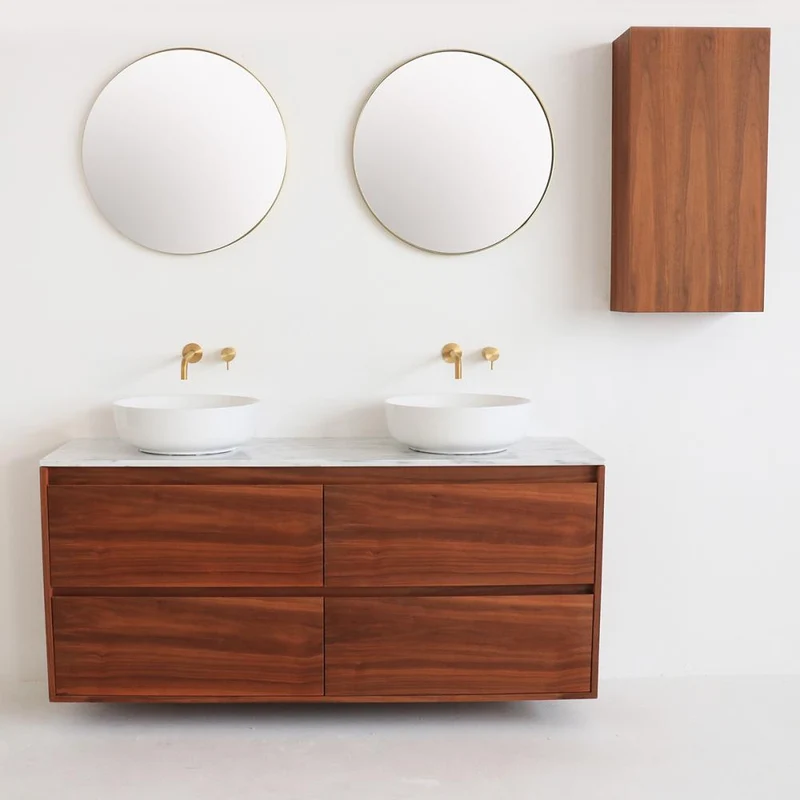 Mueble de baño Mármol Blanco Ann - Mueble Nogal - Lavabo de porcelana Alexis II (150 cm)
