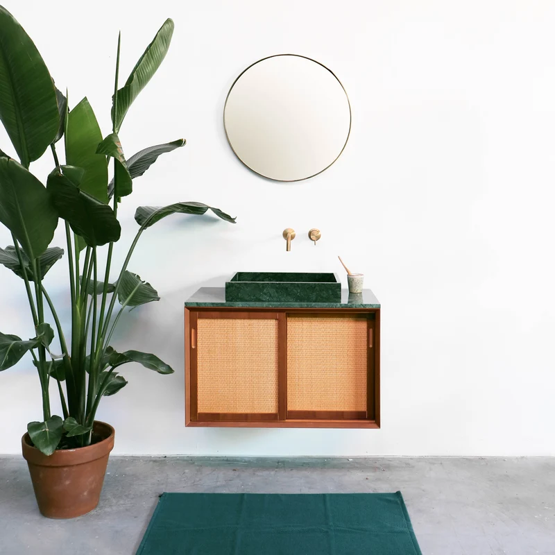 Mueble de baño vintage - Lavabo de Mármol Verde - Teca - Ratán (80 cm) - Nestor