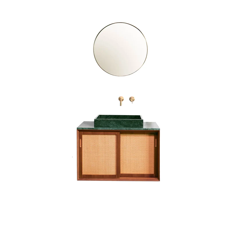 Mueble de baño vintage - Lavabo de Mármol Verde - Teca - Ratán (80 cm) - Nestor