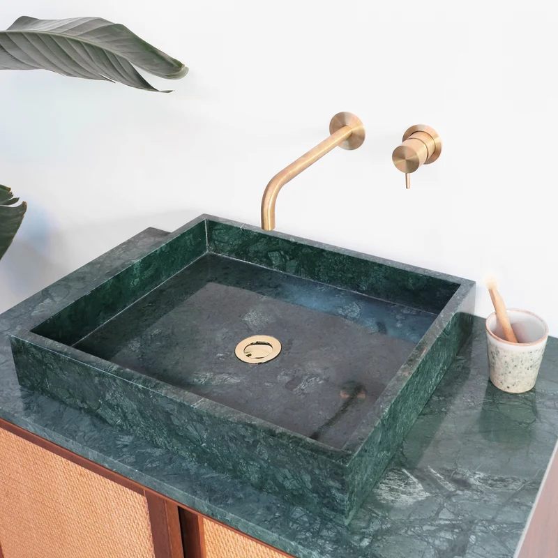 Mueble de baño vintage - Lavabo de Mármol Verde - Teca - Ratán (80 cm) - Nestor