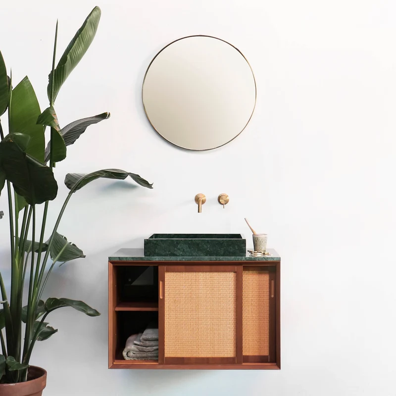 Mueble de baño vintage - Lavabo de Mármol Verde - Teca - Ratán (80 cm) - Nestor
