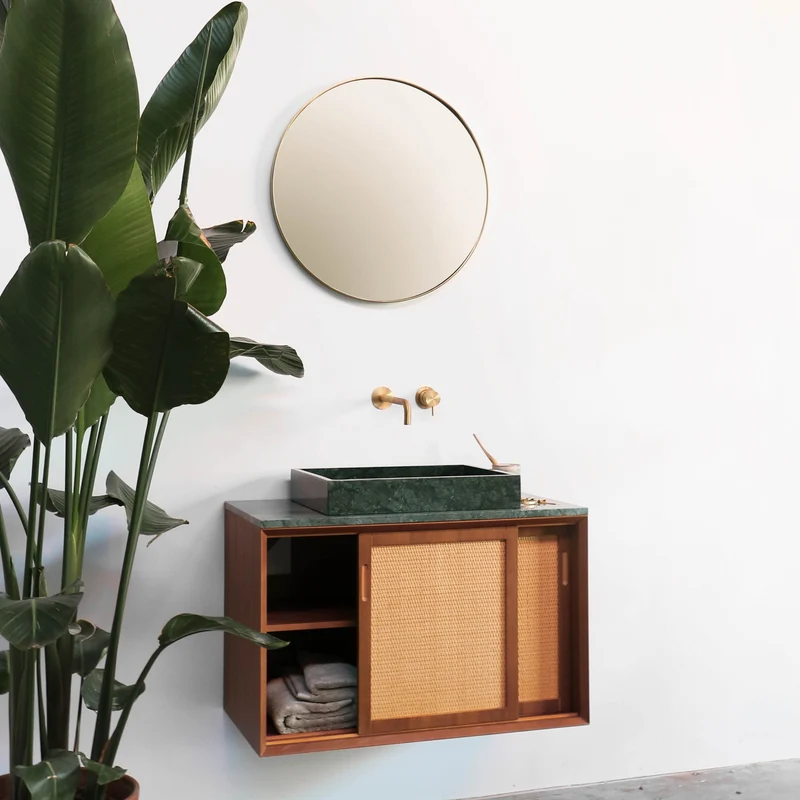 Mueble de baño vintage - Lavabo de Mármol Verde - Teca - Ratán (80 cm) - Nestor