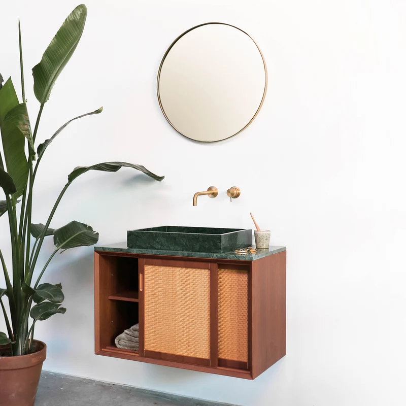 Mueble de baño vintage - Lavabo de Mármol Verde - Teca - Ratán (80 cm) - Nestor