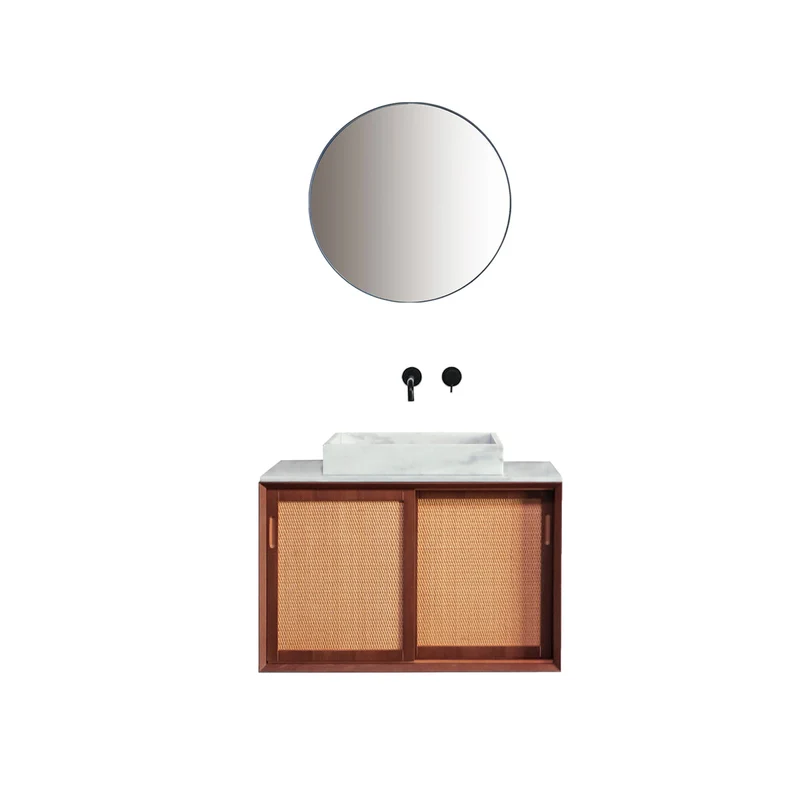 Mueble lavabo vintage - Lavabo de mármol blanco - Teca - Carrizo (80 cm) - Nestor