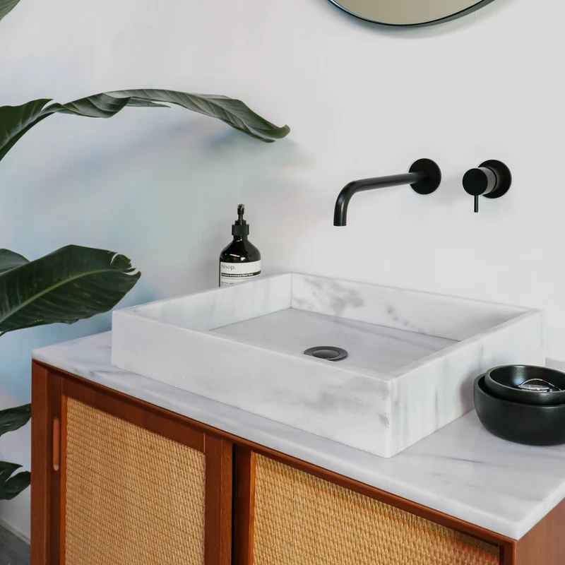 Mueble lavabo vintage - Lavabo de mármol blanco - Teca - Carrizo (80 cm) - Nestor