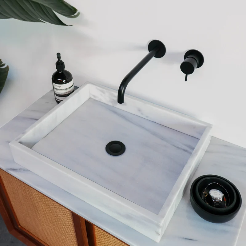 Mueble lavabo vintage - Lavabo de mármol blanco - Teca - Carrizo (80 cm) - Nestor