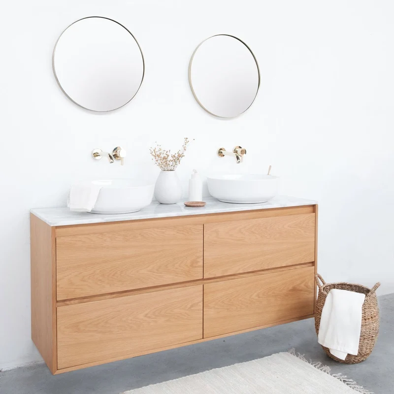 Mueble de baño Mármol Blanco Ann - Mueble Roble - Lavabo de porcelana Alexis II
