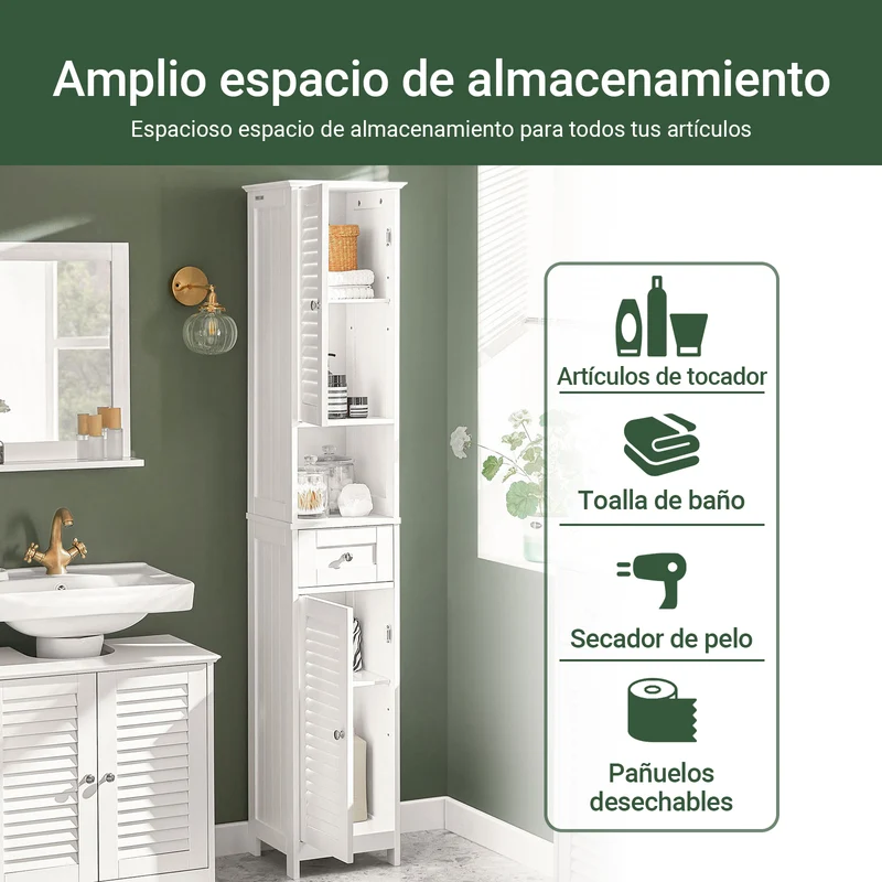 SoBuy FRG236-W Armario alto de Baño 2 puertas y 1 cajón Blanco